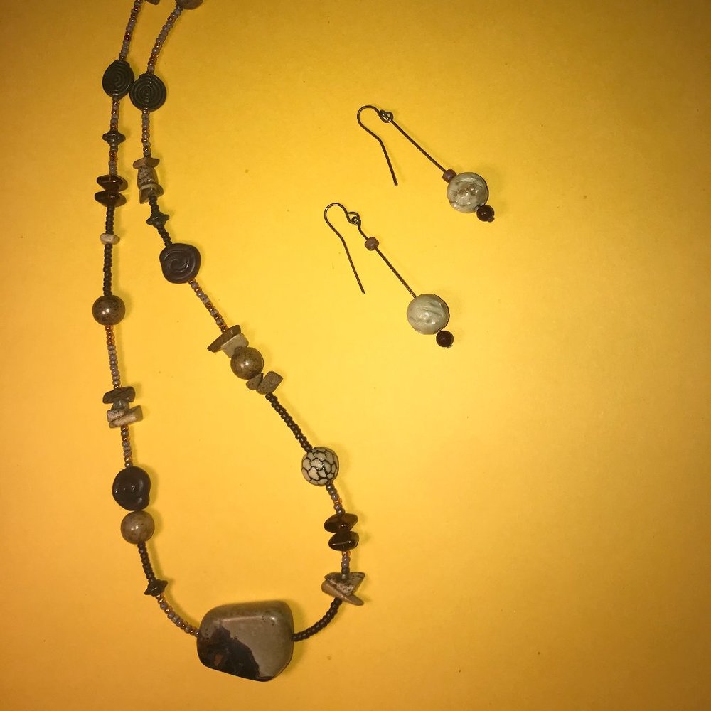 Stone and Metal beaded necklace with earrings